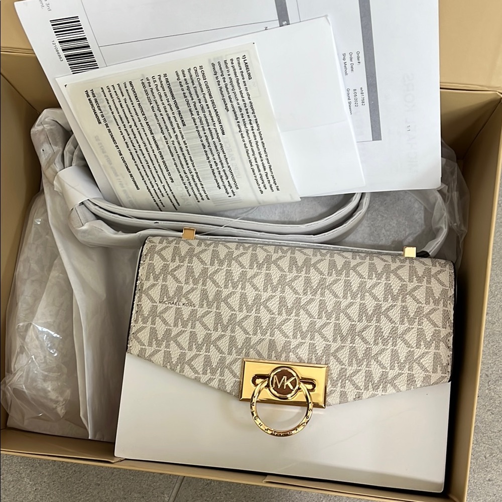 Michael Kors White and Gold Crossbody Bag with Signature Monogram